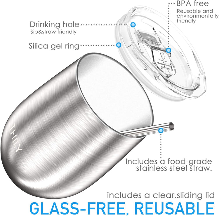 Metal Stemless Insulated Wine Glass T1 Triple-Insulated Stainless Steel Wine Tumbler with Lid and Straw, Reusable, Keep Cold & Hot for Wine, Coffee, Drinks, Champagne, Beverage, Silver