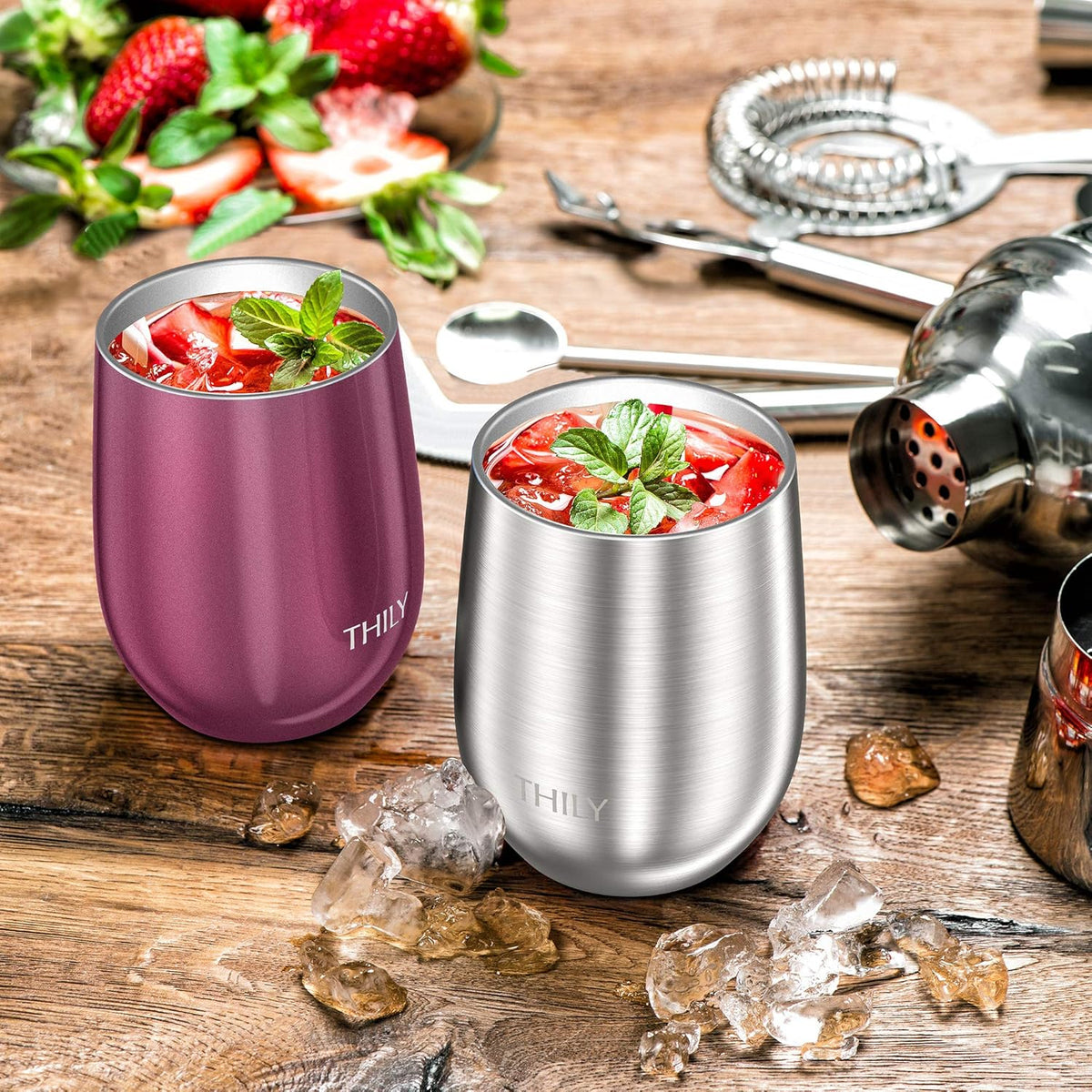 Metal Stemless Insulated Wine Glass T1 Triple-Insulated Stainless Steel Wine Tumbler with Lid and Straw, Reusable, Keep Cold & Hot for Wine, Coffee, Drinks, Champagne, Beverage, Silver