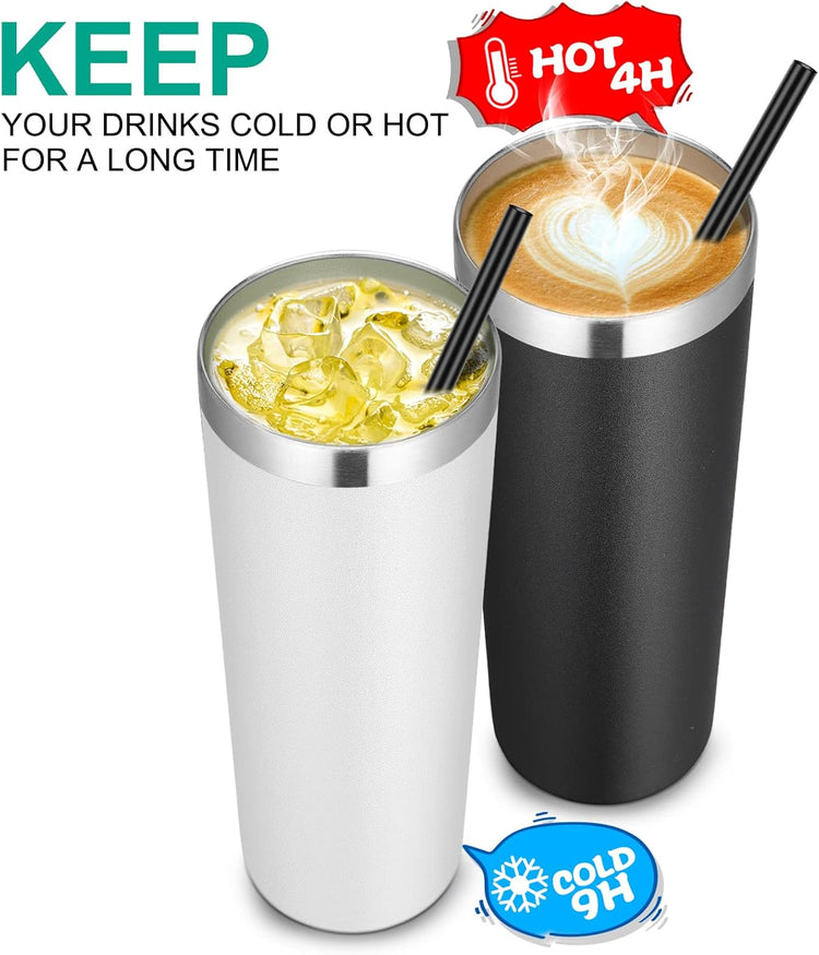 Stainless Steel Tumblers Bulk 12 Pack, 20 Oz Vacuum Insulated Skinny Tumblers with Lids and Straws, Double Wall Coffee Mug, Travel Water Cup, White