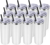Stainless Steel Tumblers Bulk 12 Pack, 20 Oz Vacuum Insulated Skinny Tumblers with Lids and Straws, Double Wall Coffee Mug, Travel Water Cup, White
