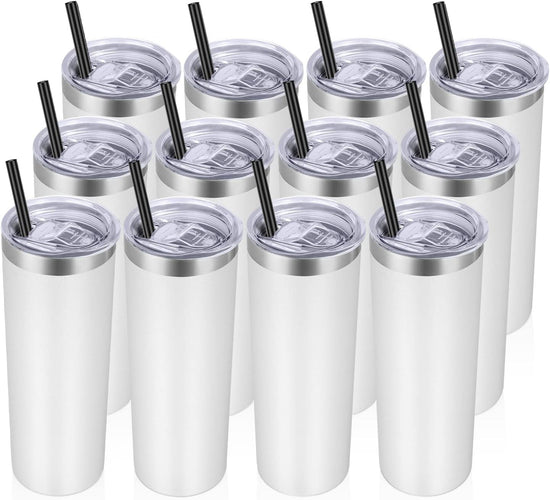 Stainless Steel Tumblers Bulk 12 Pack, 20 Oz Vacuum Insulated Skinny Tumblers with Lids and Straws, Double Wall Coffee Mug, Travel Water Cup, White