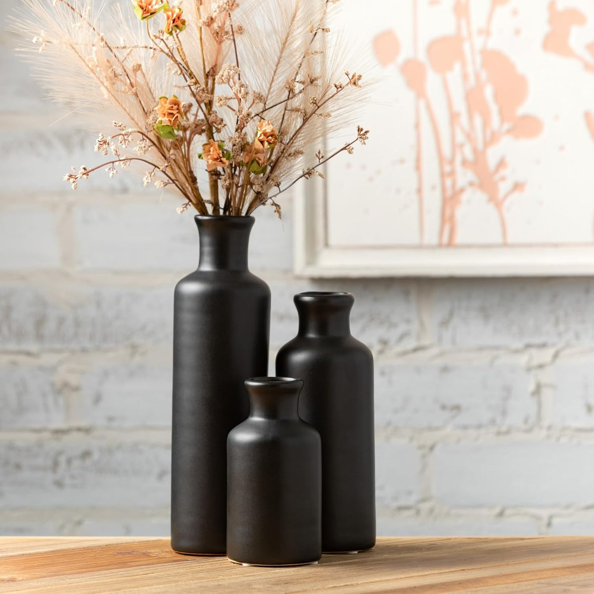 Ceramic Black Vase Set, Modern Home Decor Decorative Vases for Your Kitchen, Bedroom, Office, Living Room, Bathroom, & Shelf Decor, Centerpiece Table Decorations, Small Vases (CM3038)