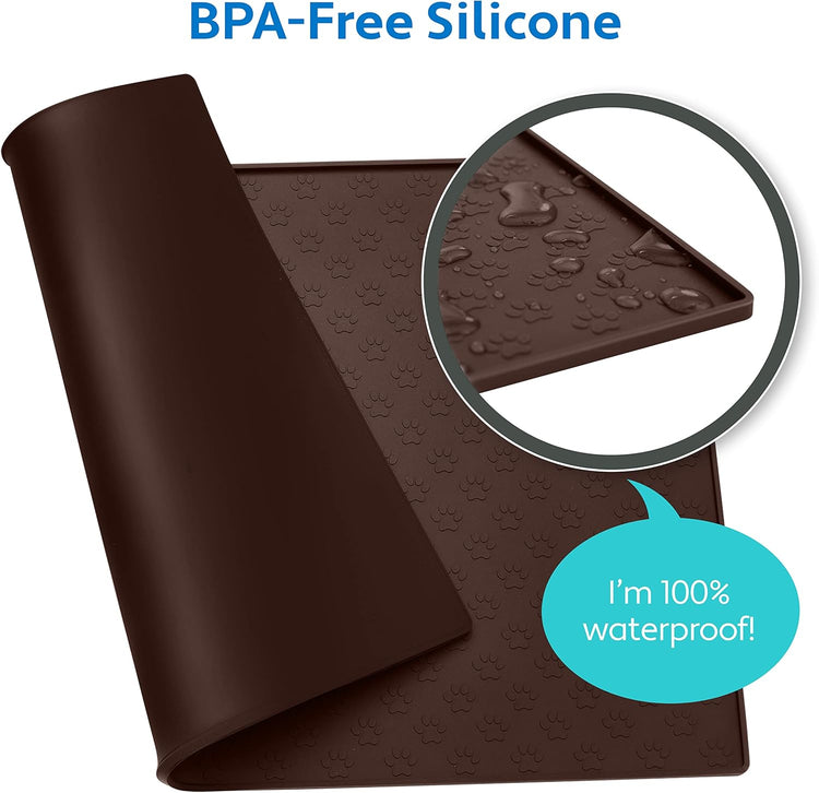 100% Waterproof Dog Food Mat, Raised Edges Silicone Pet Feeding Placemat for Cat, Dogs, Pet Bowls, High Lipped Tray Prevents Water Spills, Food on Floor, Dishwasher Safe, 24X16, Brown