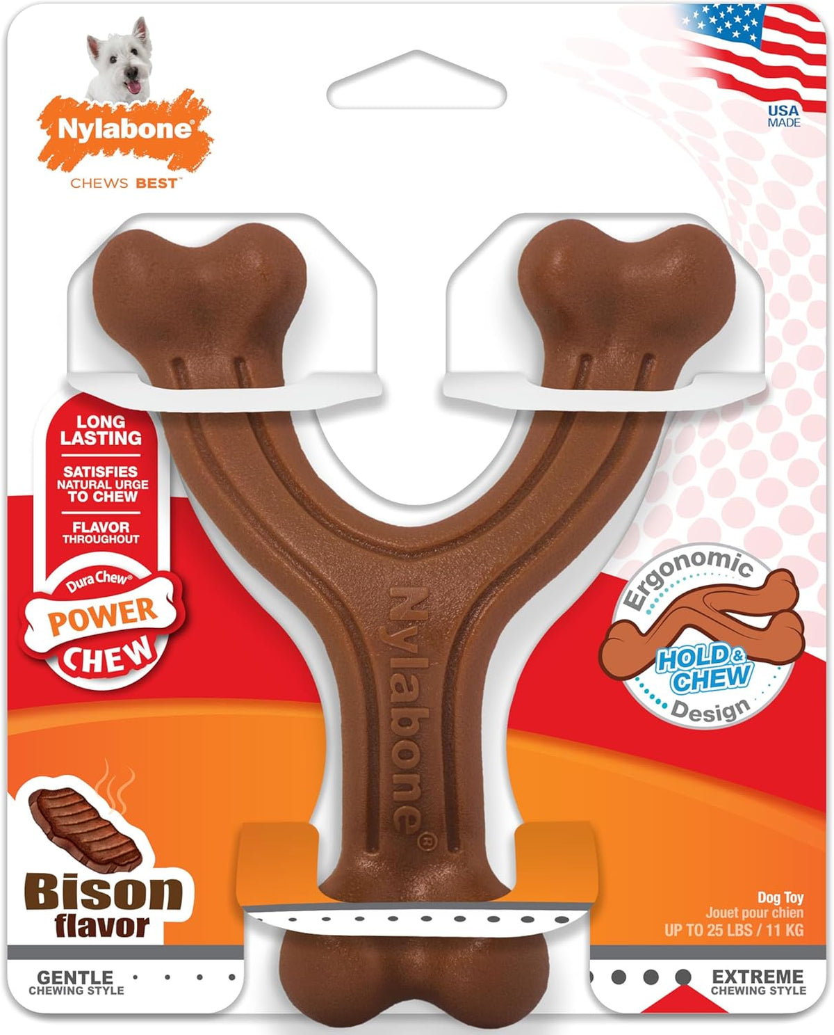 Ergonomic Hold Wishbone Power Chew Toy for Dogs, Dog Toys for Aggressive Chewers, Bison Flavor, Small - up to 25 Ibs, 1 Count