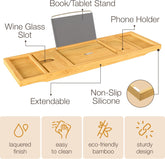 Bathtub Tray Caddy - Premium Bamboo Expandable Bath Tub Tray Table, Luxurious Wooden Bath Caddy for Books, Tablets, Wine, Bathroom Accessories, Spa Essentials, Housewarming, Wedding