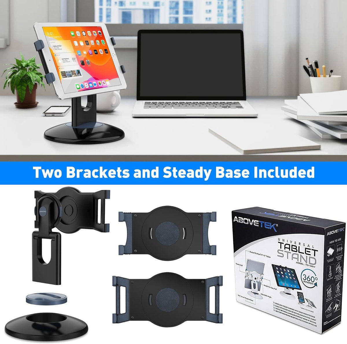 Retail Kiosk Ipad Stand, 360° Rotating Commercial POS Tablet Stand, Fits 6"-13" (Screens) Ipad Mini Pro-Business Swivel Tablet Holder, for Store Office Reception Kitchen Desktop (Black)