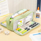 Large Capacity Pencil Case 3 Compartment Pouch Pen Bag for School Teen Girl Boy Men Women (Green)