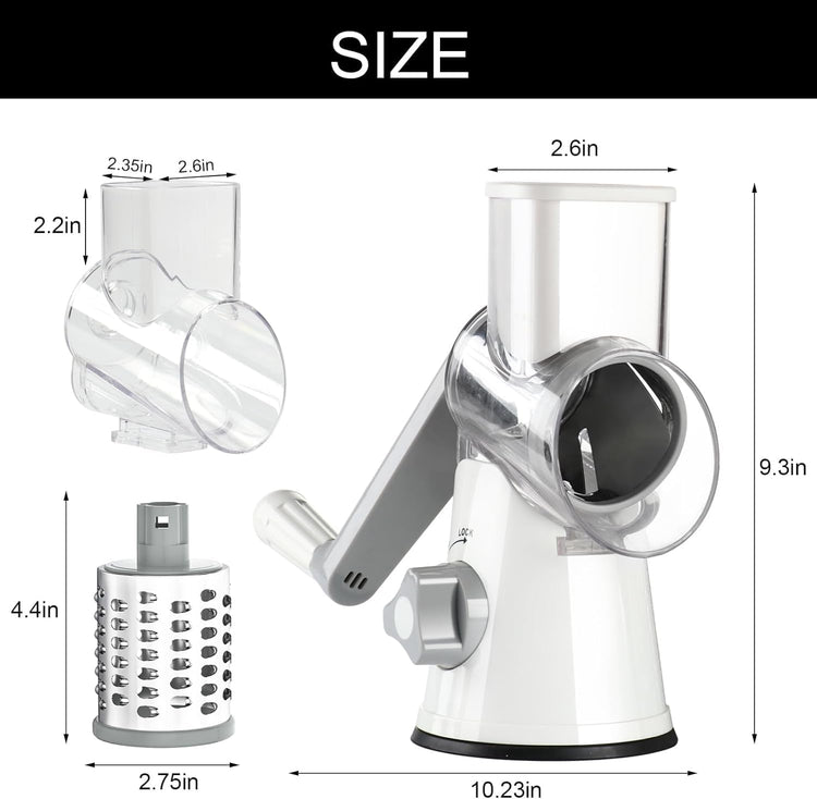 Rotary Cheese Grater Hand Crank Cheese Shredder for Fresh Cheese, Vegetable, Nuts,Non-Slip Suction Base, Free Cleaning Brush Three Blades, White