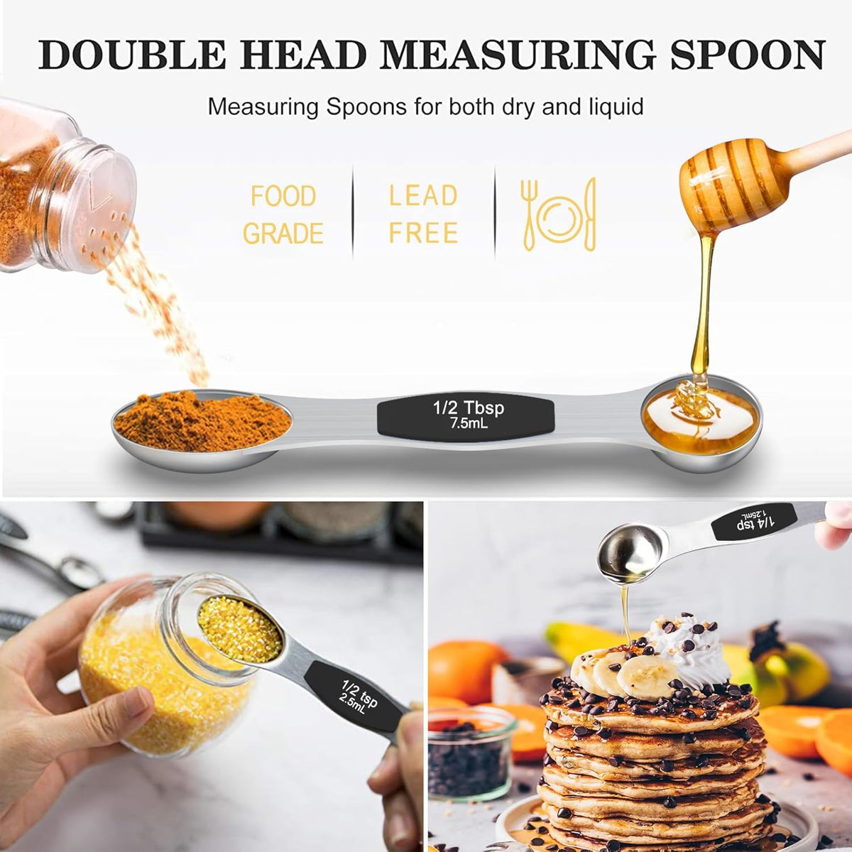 Measuring Cups and Magnetic Measuring Spoons Set,  Stainless Steel 8 Measuring Cups, 7 Double Sided Stackable Magnetic Measuring Spoons, 1 Leveler & 5 Mini Spoons - 21 Piece Black