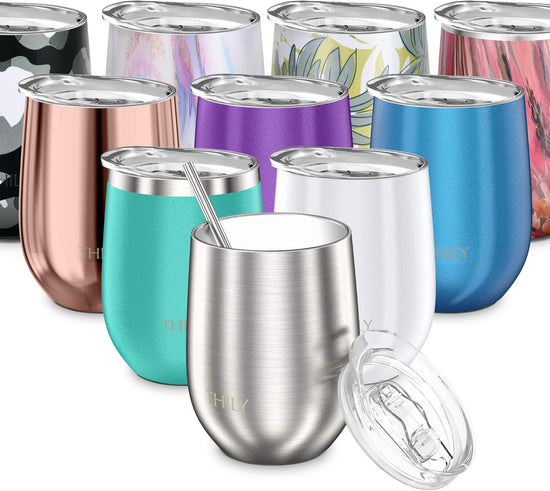 Metal Stemless Insulated Wine Glass T1 Triple-Insulated Stainless Steel Wine Tumbler with Lid and Straw, Reusable, Keep Cold & Hot for Wine, Coffee, Drinks, Champagne, Beverage, Silver