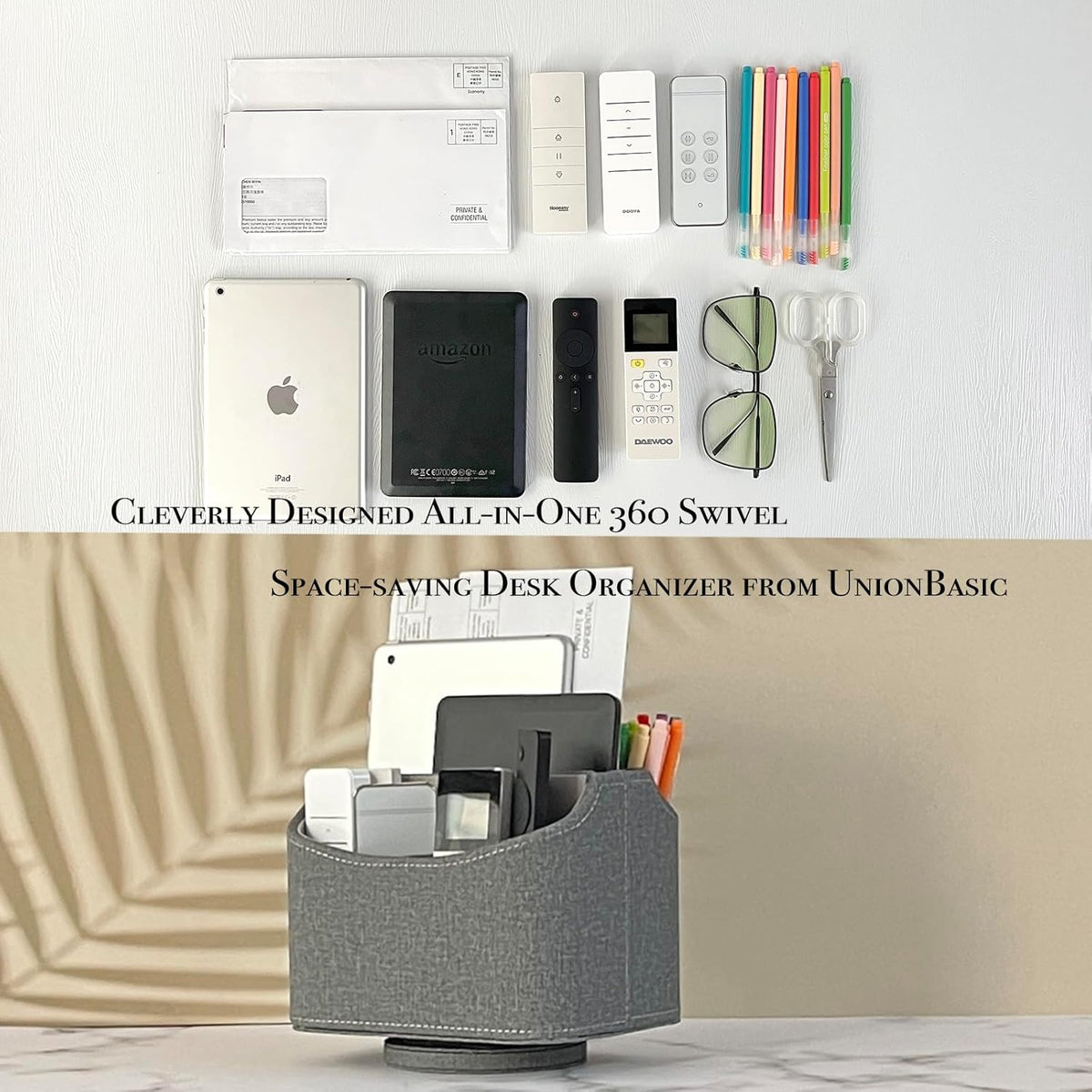 Rotating Desk Organizer, 360 Degree Desk Spinning Caddy, Desktop TV Guide/Mail/Media/Remote Controller Holder Organizer, Grey Linen Texture