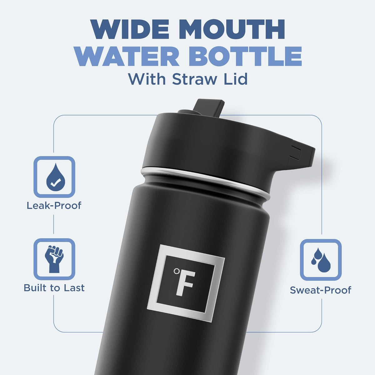 Camping & Hiking Hydration Flask with 3 Lids - Stainless Steel, Double Walled & Vacuum Insulated Water Bottle - Leak Proof & BPA Free (Midnight Black, Straw - 22 Oz)