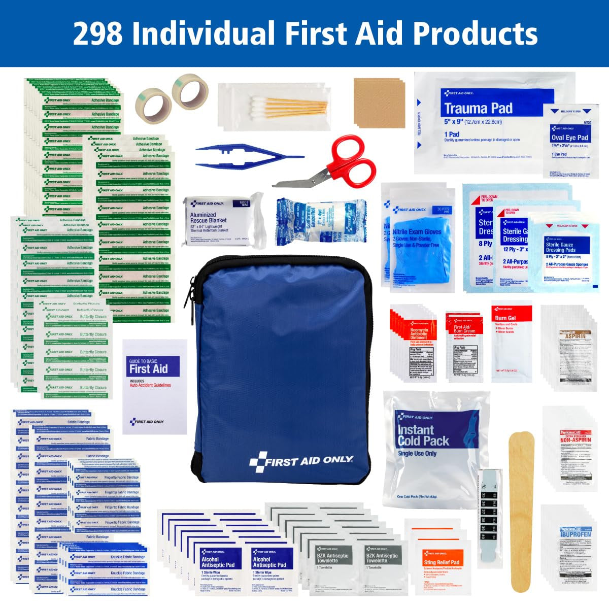 299 Piece All-Purpose Emergency First Aid Kit for Home, Office, Car, Apartment, Dorm, and Camping, Travel-Friendly Compact Pouch Fits in Backpacks, Suitcases, Cabinets, and Drawers