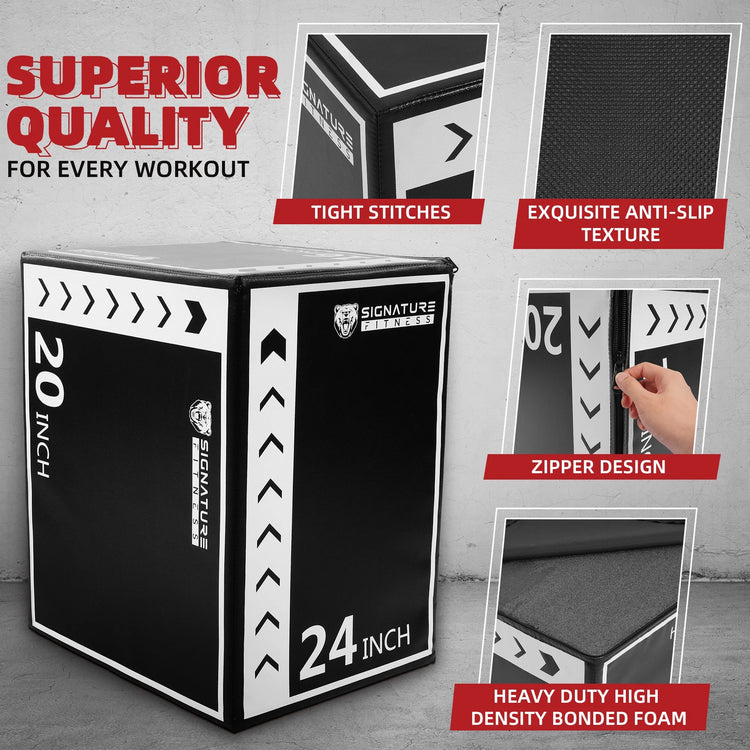 3-In-1 Rotatable Plyometric Jump Box, Jumping Exercise Trainer with anti Slip Surface & High Density Foam, Fitness Training, Easy to Clean, 16’’ × 20’’ × 24’’, Black/White
