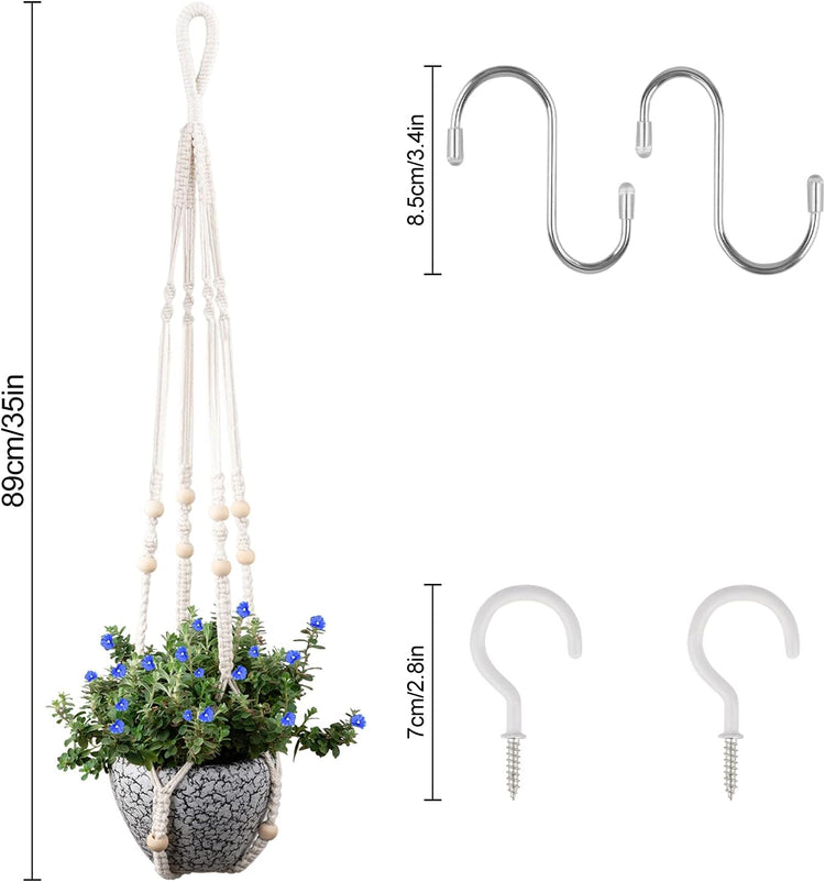 Macrame Plant Hanger for 5 to 10 Inch Plant Pots, Set of 2 Indoor Handmade 35 Inch Woven Rope Hanger Kits with Hooks and Wood Beads, Hanging Planter Basket Holder for Boho Home Decor (White, 2 Pack)