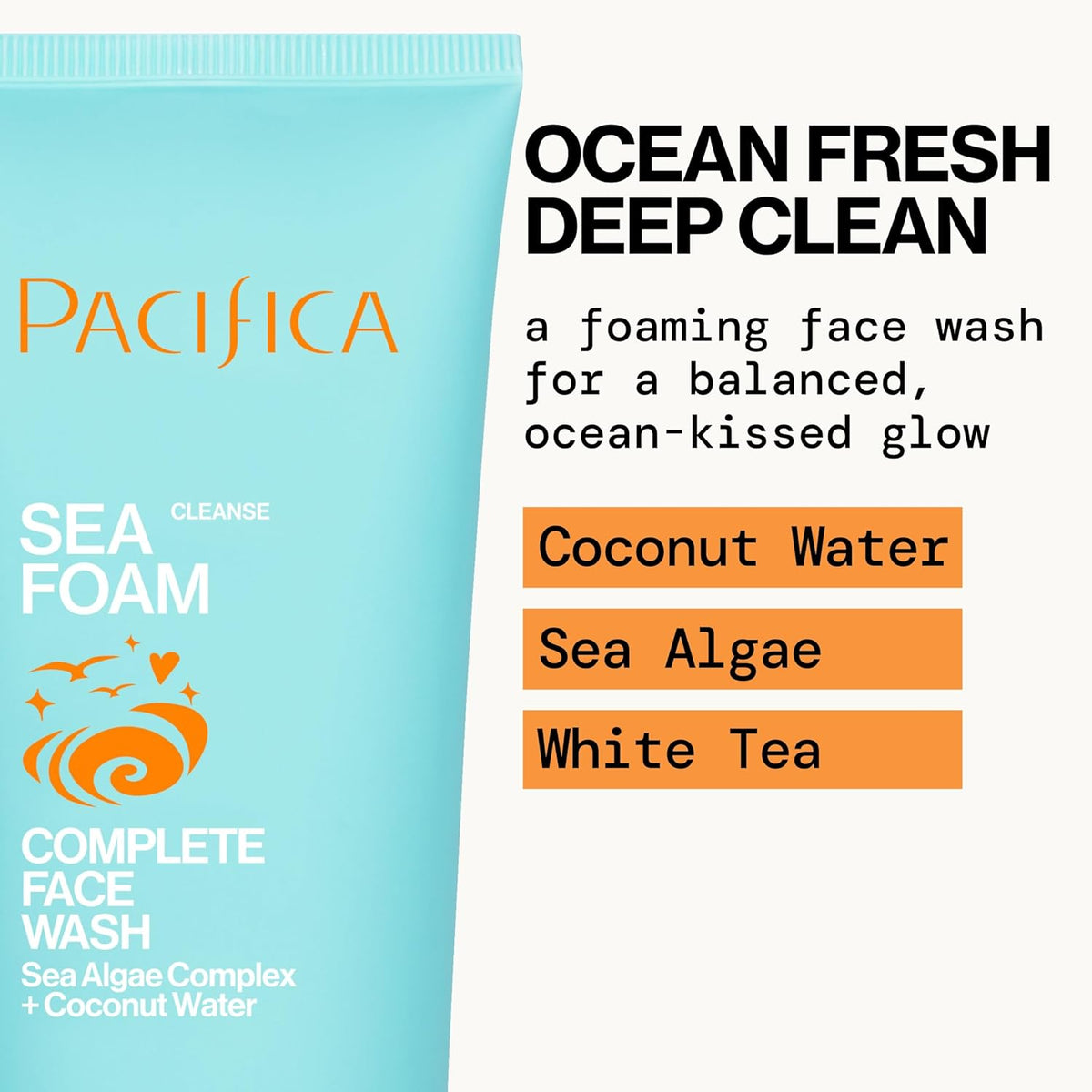 Beauty Sea Foam Face Cleanser, Daily Gentle Foaming Face Wash, with Coconut Water + Sea Algae Complex, Removes Makeup, for Combination and Oily Skin, Vegan and Cruelty Free, Clean Skin Care